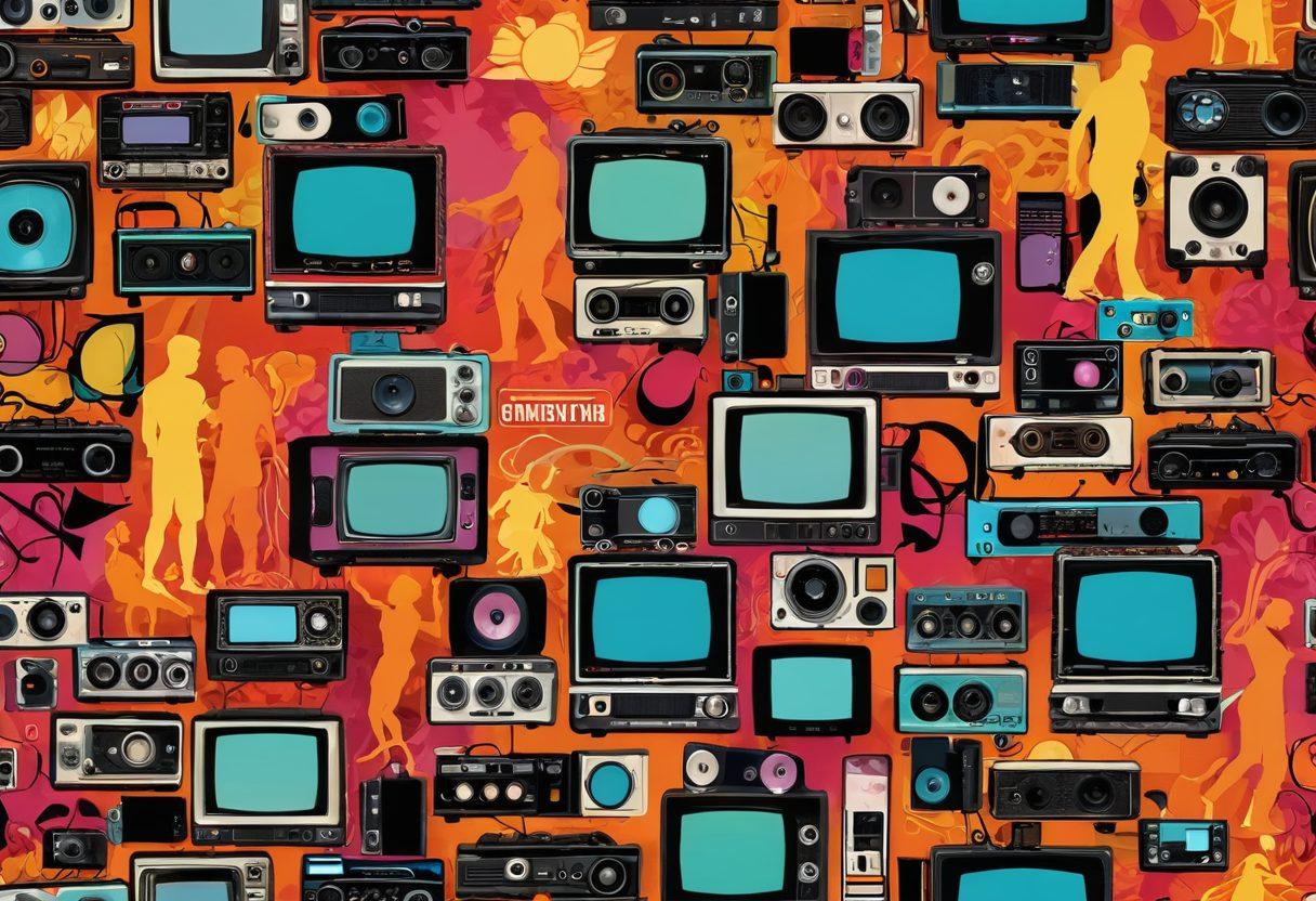 A digital collage showcasing the evolution of Indonesian adult videos, featuring vintage streaming devices morphing into modern technology. Include diverse silhouettes representing various demographics viewing content in a vibrant online setting, surrounded by abstract symbols of media and connectivity. Use captivating colors to symbolize the blend of maturity and risqué elements in the content. super-realistic. vibrant colors. 3D.