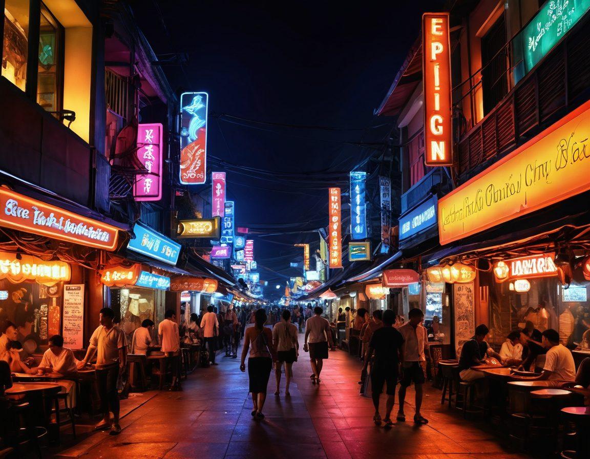A vibrant, bustling street scene in Indonesia, showcasing a variety of adult entertainment venues with neon lights and colorful signage. Include elements of traditional Indonesian art blending with modern erotic themes, featuring silhouettes of diverse individuals engaged in playful activities. Capture the essence of both the rich culture and contemporary adult content in a dynamic way. super-realistic. vibrant colors. nightlife atmosphere.